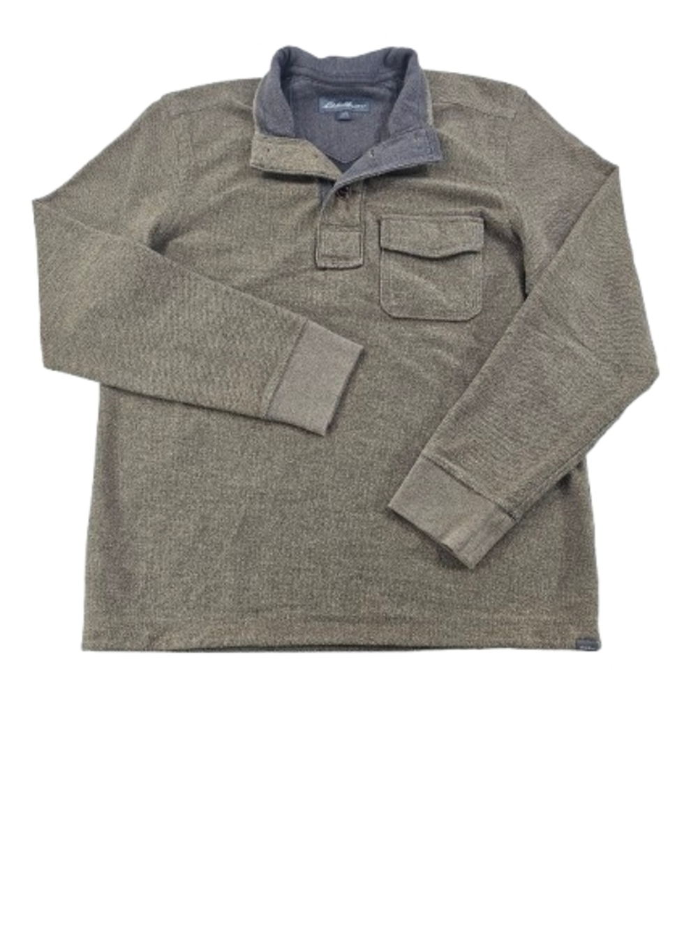 Eddie Bauer 1/4 Button Mock Neck Mens TL Olive Green Pullover Shirt Thick Pocket